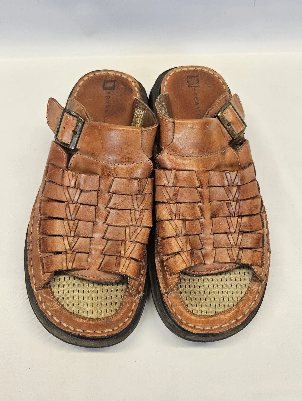 Vintage Y2k Brown Leather Chunky Sandals Basket Weave Mens 9 Slip On Slide